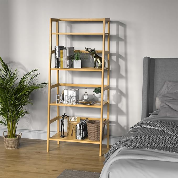 Bamboo Bookshelf, 4-Tier Ladder Shelf Freestanding Space Saver Open Bookcase Book Shelf, Bamboo Storage Shelving Unit Flower Plant Stand for Living Room, Bathroom, Home Office, Natural