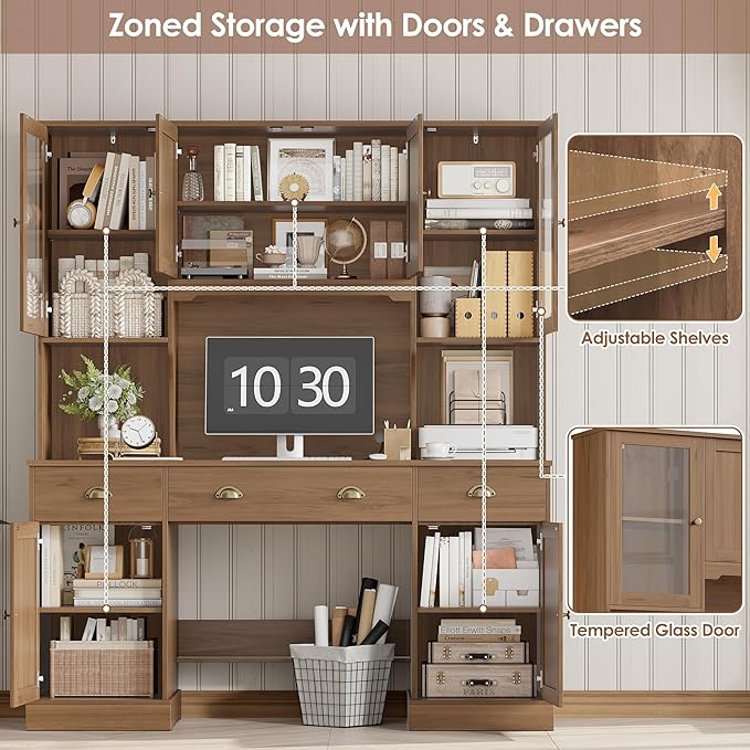 Keyluv 75" Executive Desk with Hutch and Drawers, Computer Desk with Glass Door and Storage Cabinet, 63" W Large Farmhouse Workstation for Home Office Study Writing Gaming Table, Brown