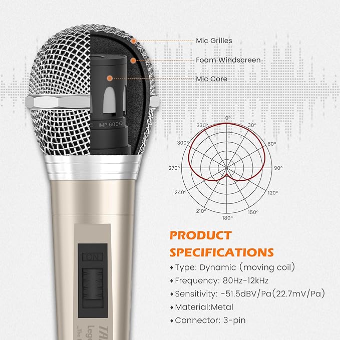 talomen Wired Microphone for Singing, Metal Female, ON/Off Switch, Professional Vocal Dynamic Mic with 20ft & 6.5ft XLR Audio Cable, Cardioid Studio Microfono for Podcasting and Recording, Gold-L52