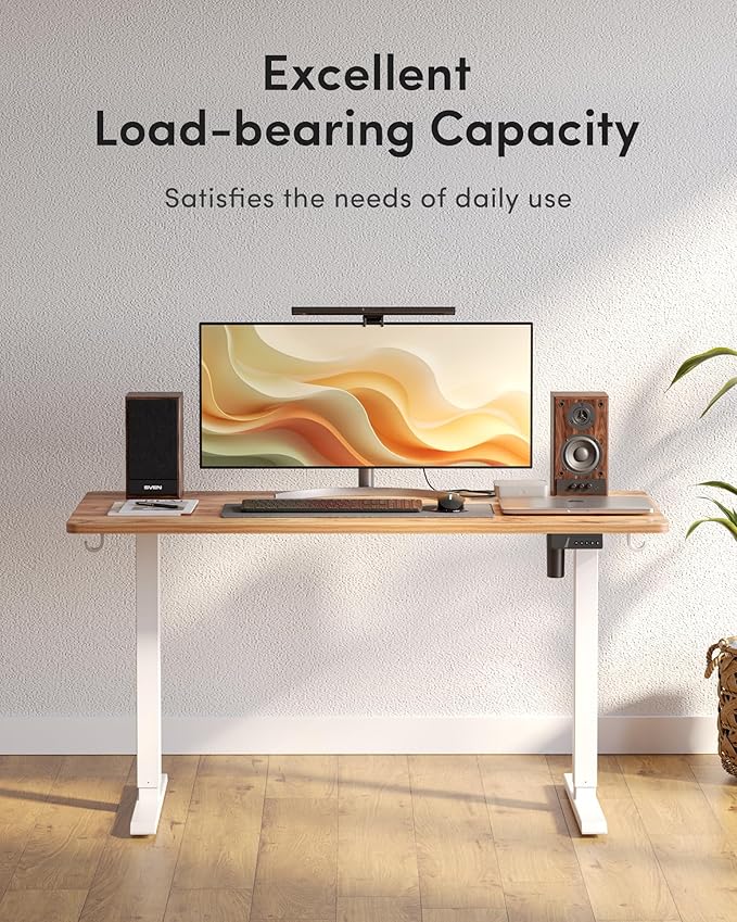 Cubiker Standing Desk, 55x28 Inches Sit Stand Home Office Desk, Electric Stand up Desk, Adjustable Desk with Splice Board, White Frame/Light Rustic Top