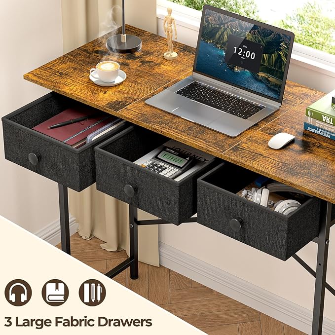 Small Writing Desk with 3 Drawers for Bedroom, 37.2 Inch Computer Desk for Small Spaces, Simple Desk with Drawers for Kids Bedroom, Home Office, Dorm, Living Room, Home Study Table, Rustic Brown