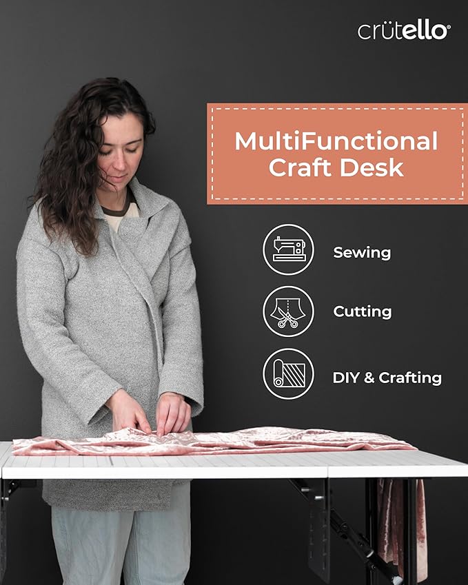 Crutello Folding Sewing Table and Craft Table for Adults - 42x24 inch Grid Top Crafting Desk for Fabric Cutting & Crafts - Steel Folding Storage Legs & Drop Down Sewing Machine Platform