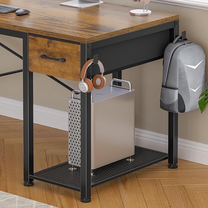SEDETA L Shaped Gaming Desk, 51.2" Reversible Small Corner Desk with Drawer, Power Outlet & LED Lights, Computer Desk with Storage Shelves for Small Space, Rustic Brown