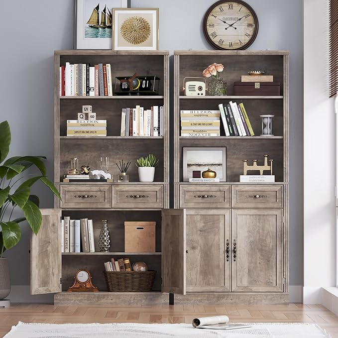 BORNOON 70.1" Tall Bookshelf with Drawers & Cabinet, 5-Tier Floor Standing Bookcase with Storage Doors, Adjustable Shelves & Metal Handles, 31.5" Wide Organizer for Home Office, Living Room