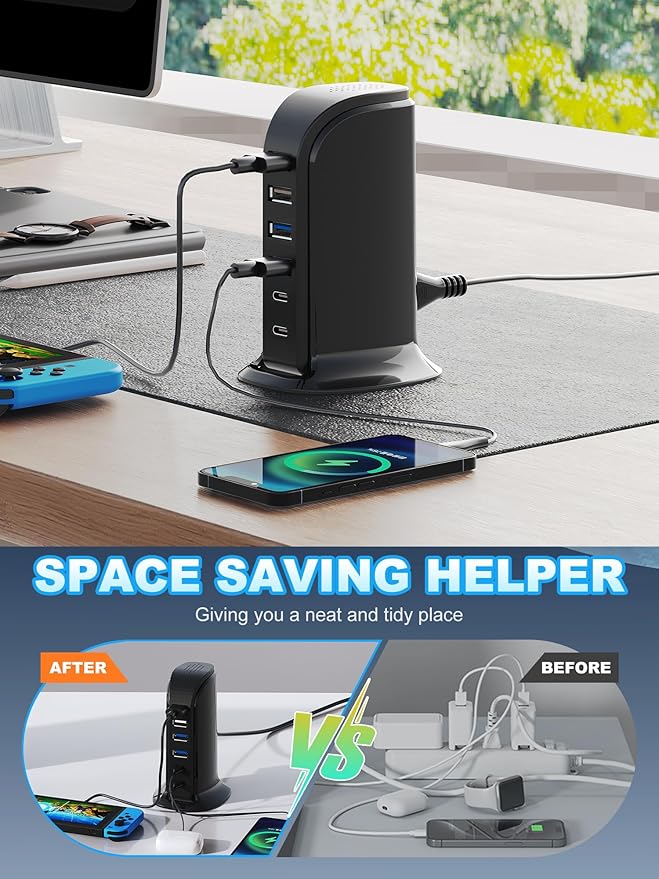 USB Charger, Charging Station for Multiple Devices 45W, Fast Charging Blocks with Dual Type C Ports, 4 USB Charging Hub Organizer Multiport for iPhone, Ipad, Smartphones, Travel Accessories