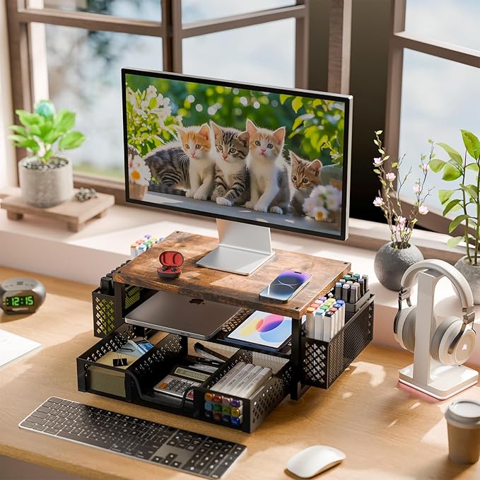 Simple Trending Wood Monitor Stand Riser, Desk Organizers and Accessories, 2-Tier Computer Rack with Drawer and Pen Holder for Desktop PC, Printer, Office Equipment – Desk Organizer for Home Office