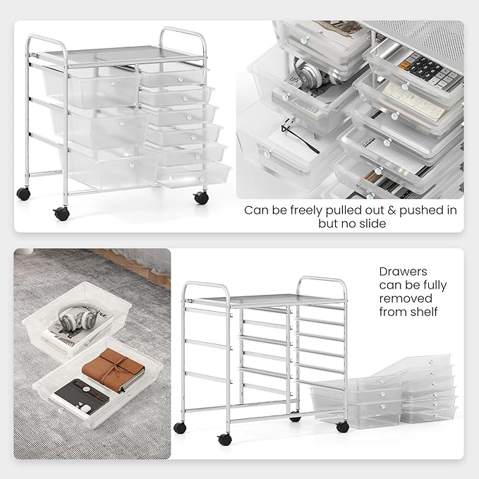 Moccha 9-Drawer Rolling Storage Cart - Under Desk Storage Drawers with wheels for Craft Art Supply Paper Salon, Scrapbook Paper Tools, Mobile Utility Cart for Classroom, Clear