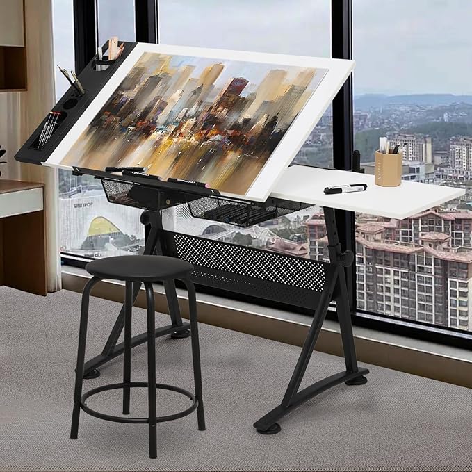 Drafting Table with Height Adjustable Wood Top, Drawing Table with Storage Drawers, Extendable Design, Art Desk Ideal for Drawing, Painting, Writing, Home Office, White