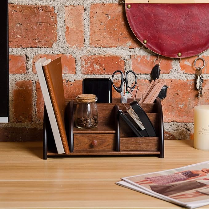 Cherry Brown Wood Desktop Organizer Multiple Compartments Stepped Racks Drawer Shelf Tabletop Storage Cabinet Stationery Holder Office Accessory Supplies Caddy Sorter Home