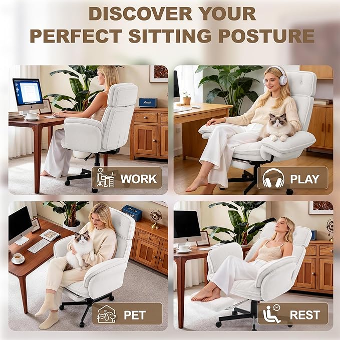 Criss Cross Chair with Wheels, Extra Wide Cross Legged Office Chair with Flip-Up Armrests & Footrest, Ergonomic Teddy Fleece Swivel Desk Chair with Adjustable Headrest for Home Office & Vanity White