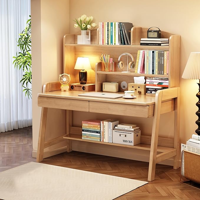 Kids Desk Kids Table Wooden Children’s Study Desk with Bookshelf＆Two Drawers Children Study＆Writing＆Computer＆Workstation for 3 and Above(Nature