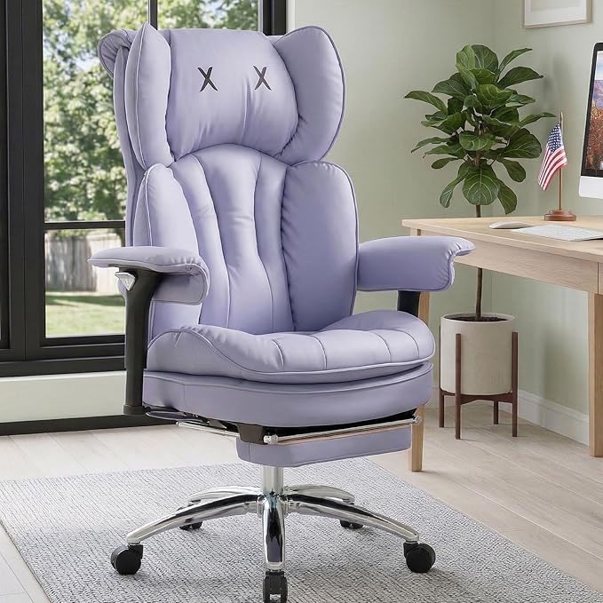 Efomao Big & Tall Executive Office Chair with Footrest - 400lbs Heavy Duty High Back PU Leather Desk Chair, Modern Ergonomic Reclining Computer Chair, Purple
