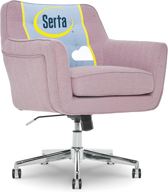 Serta Ashland Home Office Desk Chair with Button Tufted Mid-Back, Memory Foam Cushion and Padded Arms, Mid Century Modern Vanity Armchair with Wheels for Bedroom, Chrome Metal Base, Lilac