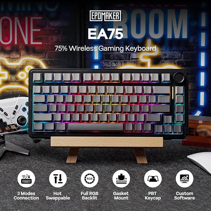 EPOMAKER EA75 75% RGB Gaming Mechanical Keyboard, 2.4GHz/Type-C/BT Creamy Wireless Keyboard with Knob, Shine Through PBT Keycaps, Hot Swappable for Gamers (Black Gradient, Reaper Switch)
