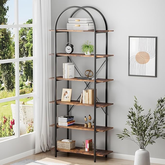 Arbuxzuy 6 Tier Bookshelf, 83" Tall Arched Bookcase, Tall Book Shelf with Metal Frame, Industrial Display Standing Shelf for Living Room, Home Office, Bedroom, Brown