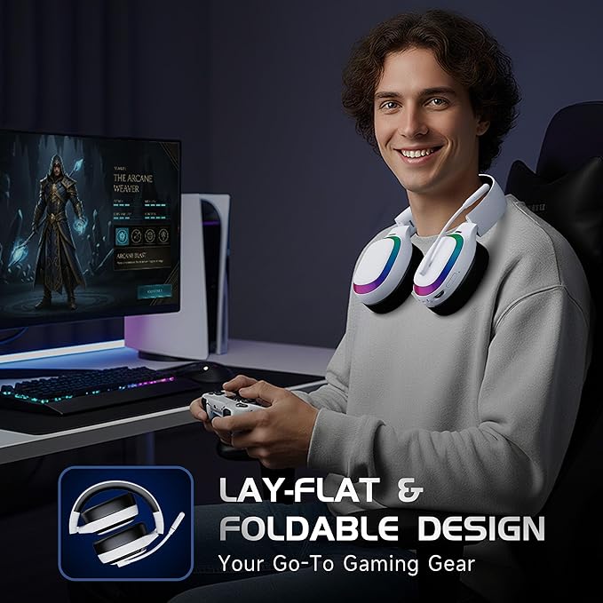 2.4Ghz Wireless Gaming Headset for PS5, PS4, PC, Mac, Bluetooth 5.4 Gaming Headphones with Noise Canceling Mic, 70H Battery, Surround Sound, Lay-Flat & Foldable - RGB White