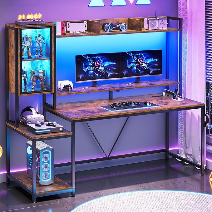 SEDETA Gaming Desk, 60'' Gaming Desk with Hutch and LED Lights, Computer Desk with Storage Shelves, Large PC Gamer Desk with Display Cabinet, Monitor Stand, Power Outlet for Home Office, Rustic Brown