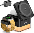 KPON for iPhone Nightstand Charging Station,15W 3 in 1 Wireless Phone Charger Stand with Night Lamp, Travel Foldable Magnetic Cube Magsafe Dock for iPhone 17 16 15 14 13 12 Series/Apple Watch/Airpods