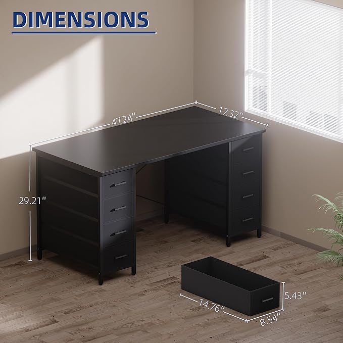 Pamray 47 Inch Computer Desk with 8 Fabric Drawers PC Gaming Desk Home Office Study Work Writing Table for Bedroom Red