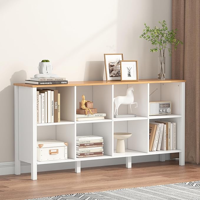 8-Cube Bookcase, Farmhouse Wooden Bookshelf Low Storage Organizer, 59" Horizontal White Console with Legs, Hallway Book Case for Entryway, Display Cabinet for Living Room (White, 8-Cube)