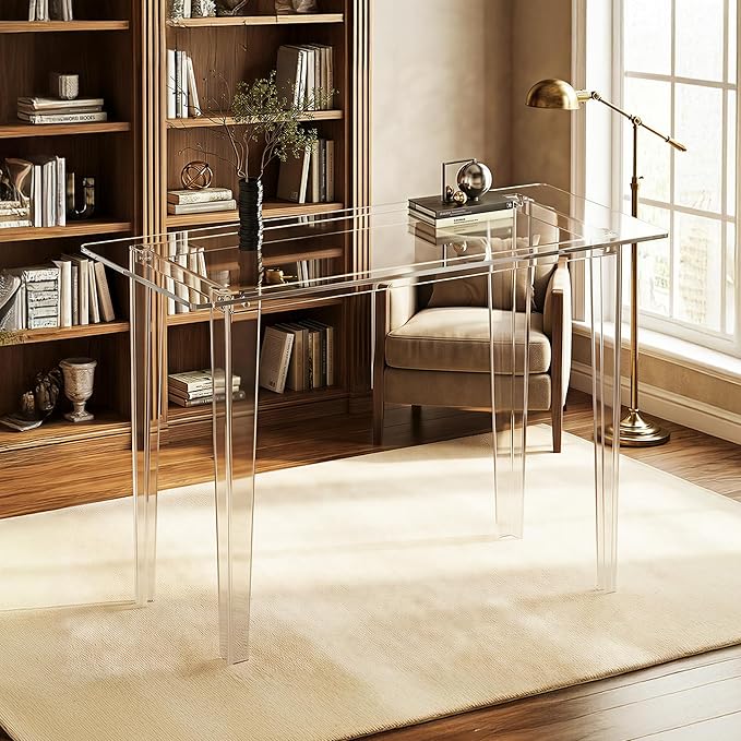 Acrylic Desk - Clear Acrylic Table, Modern Home Office Study Table, Extended Surface Multi-Purpose Console, Sturdy Lightweight Workstation for Small Spaces (Transparent-L)