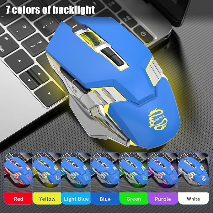 Blue Wireless Mice Gaming Mouse Bluetooth, Silent Multi Device Mouse, 2400 DPI, RGB Backlit, 800mAh Rechargeable Cordless Computer Mouse for Laptop PC Mac Macbook Air/Pro iPad Chromebook Office Game