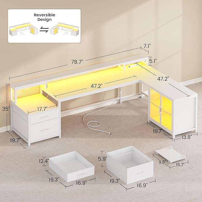 SEDETA 78.7” Large Gaming Computer Desk with Storage Drawers, Reversible L Shaped Office Desk with Display Cabinet and Power Outlet, Corner Gaming Desk with LED Lights for Home Office, White