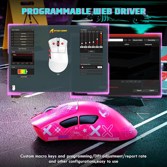 MAMBASNAKE Attack Shark V3 Wireless Gaming Mouse,Adjustable 25K DPI PAW3311 Optical Sensor,Ergonomic 62g Lightweight 5 Programmable Buttons 500mAH Battery,2.4G/BT/USB-C Wired for PC/Mac-Red&Griptape