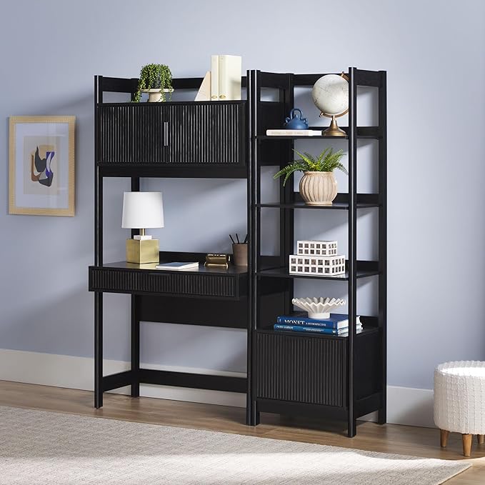 Walker Edison Transitional 2-Piece Hutch Desk with Narrow Bookcase, Reeded Drawer Fronts, Built-in outlets and USB Ports, Set of 2, Black