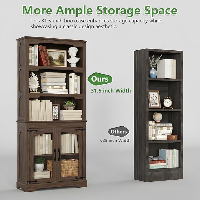 70 Inches Farmhouse Bookcase Bookshelf, Two-Tone Shelves, 5 Tier Bookshelf with Glass Door Storage Arched Trim, Home Office Living Room Storage Cabinet Unit, 31.5x11.8 Inches (Walnut, Glass Doors)