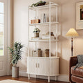 5 Tier Tall Bookshelf with Cabinet, Fluted Bookcase with Sliding Door, Metal and Wood Display Shelf, Free Standing Storage Shelving Unit, Corner Storage Organizer for Living Room, Home Office, White