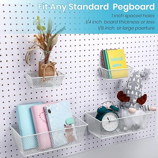 Sieral 4 Pcs Pegboard Baskets Metal Wire Shelf Baskets Peg Board Organizer Accessories Wall Mount Organizer Attachments for Garage Workbench Various Tool Accessories, 2 Sizes (White,Small, Large)