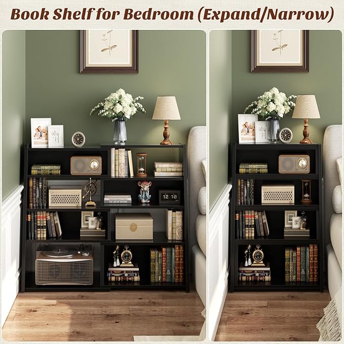 Armocity Expandable Bookshelf, Short Corner Bookshelf for Small Spaces, Small Ladder Book Shelf, Extendable Wood Narrow Bookcase for Living Room, Bedroom, 5 Tier, Black