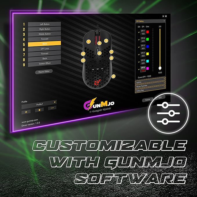 GUNMJO Gram DIY Honeycomb Shell Wired RGB Gaming Mouse, PC Gaming Mouse with 9 Buttons and Up to 10,000 DPI, Computer Mice for PC Gaming, Black Color