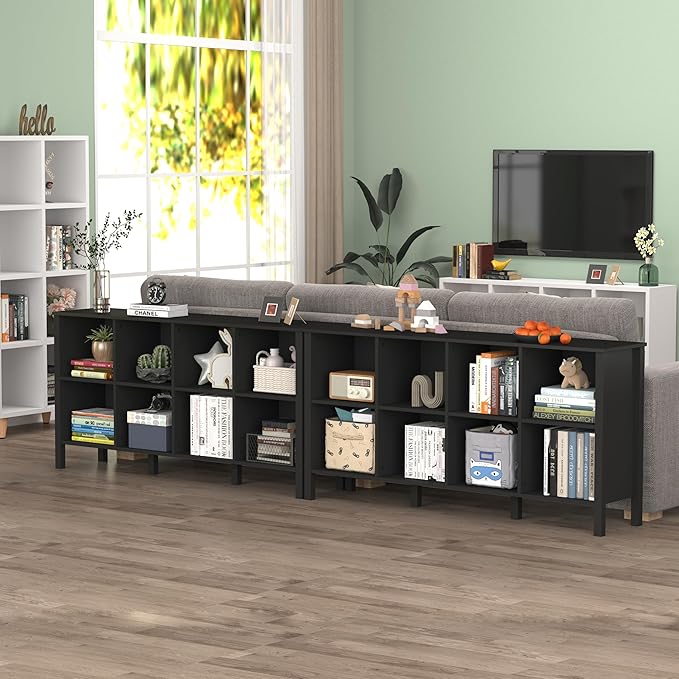 8-Cube Bookcase, Farmhouse Wooden Bookshelf Low Storage Organizer, 59" Horizontal Black Console with Legs, Hallway Book Case for Entryway, Display Cabinet for Living Room (Black, 8-Cube)