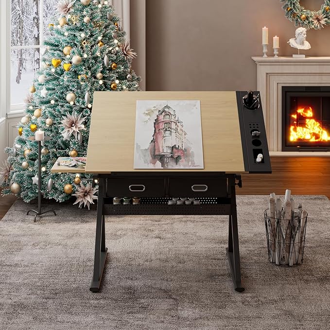 Drafting Table with Stool, Height Adjustable Drawing Table Art Table Painting Table Art Craft Desk with 0-75° Tilting Tabletop and Storage Drawers, Brown