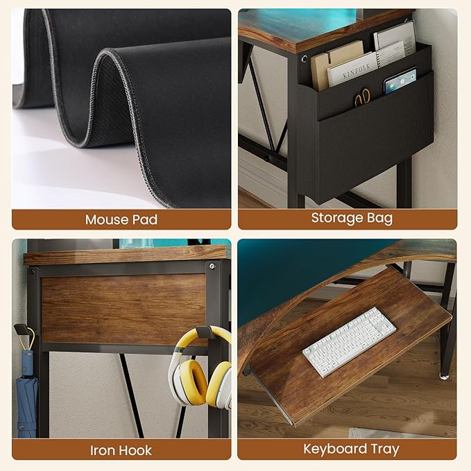 SEDETA Corner Desk, Small Computer Desk with Hutch & LED Lights, Triangle Corner Computer Desk with Keyboard Tray, Storage Bag, and Headphone Hook for Small Space, Home Office Desk, Rustic Brown