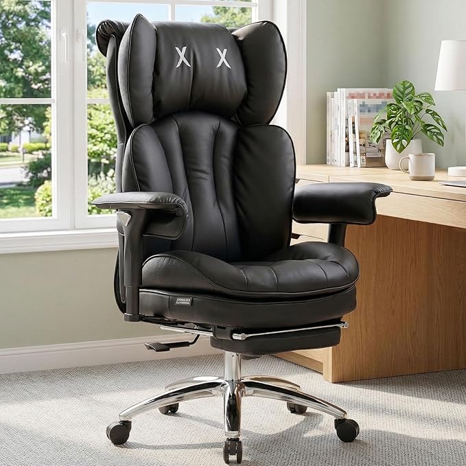 Efomao Big and Tall Office Chair 400lbs Capacity, Executive High Back Chair with 3-Angle Locking Recline and Footrest, Wide Double Padded Desk Chair for Home Office, Metal Frame, Black