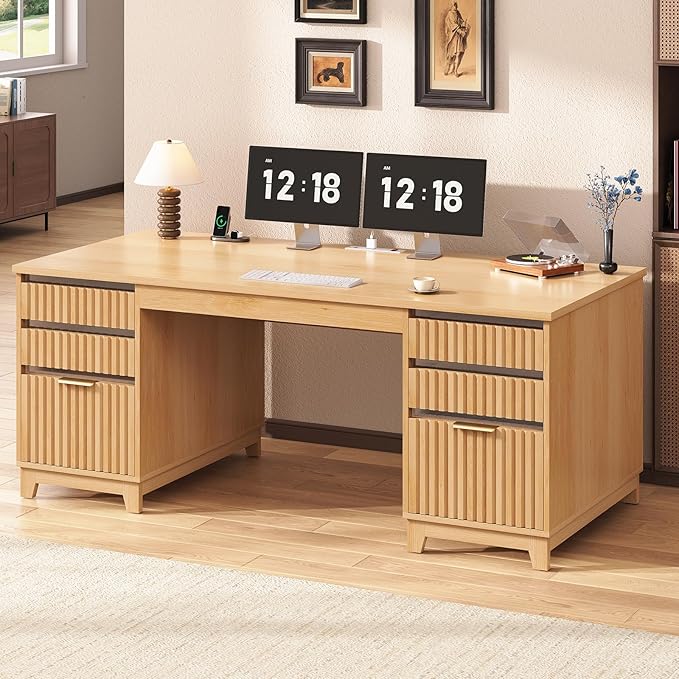 SEDETA 55.1" Fluted Office Desk with 6 Drawers, Modern Executive Desk with Acrylic File Drawers, Computer Desk with Power outlets for Home Office and Study, Natrual