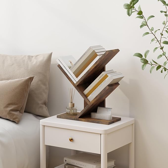 Tajsoon Tree Bookshelf 3 Tier Book Shelves Storage Organizer, Desktop Bookshelf Floor Standing Bookcase Display for Magazine/Books, Small Tree Bookshelf for Bedroom, Living Room Office, Rustic Brown