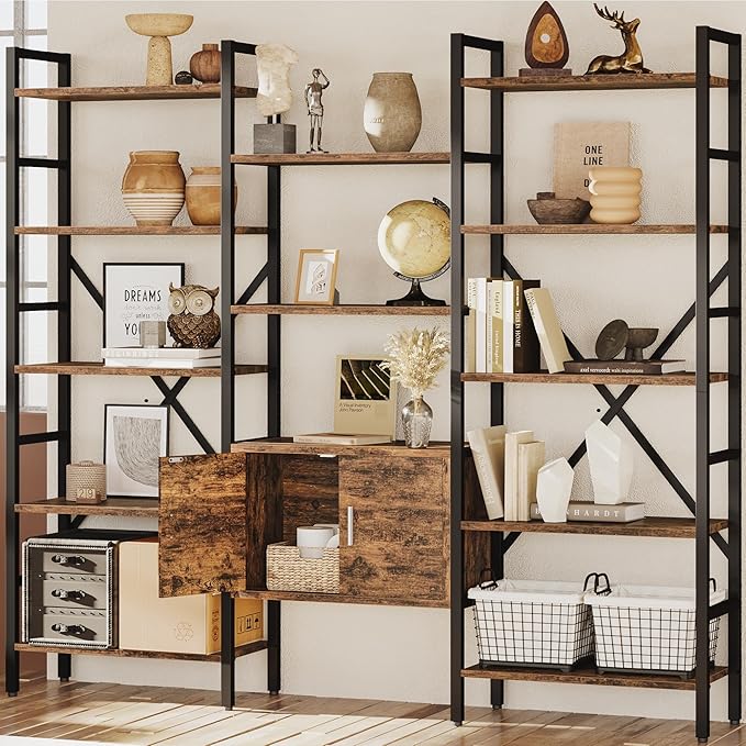 INNOD 70" Triple 5 Tier Book Shelf, Large Industrial Bookcase with Storage Cabinet, Tall Bookshelf with Open Display Shelves Furniture for Living Room Bedroom Home Office Rustic Brown