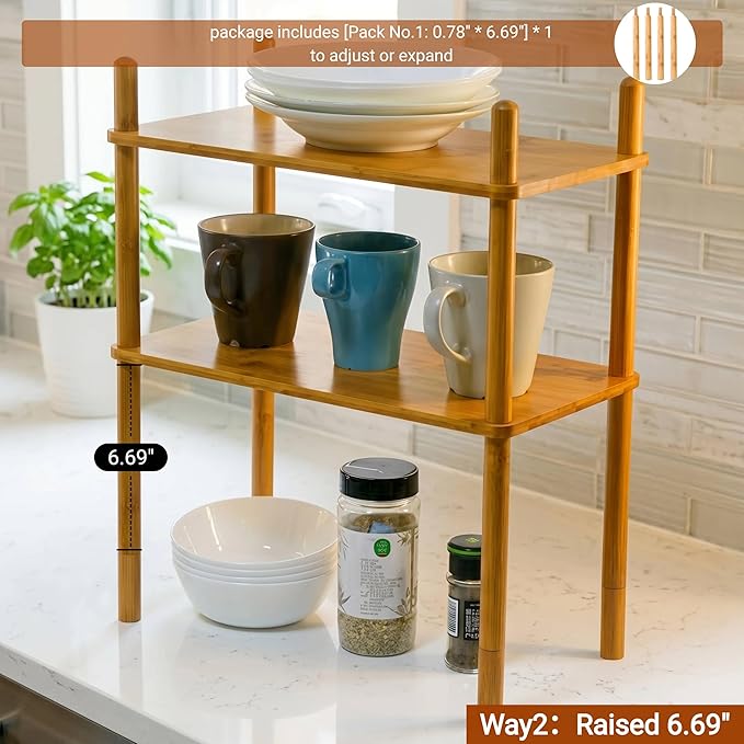 2-Tier Expandable Bamboo Desktop Organizer Shelf Kitchen Cabinet and Counter Riser Display Shelf for Top of Desk Home Office Bathroom Coffee Table Display Stand (1, Natural, 2-Tier Plus)