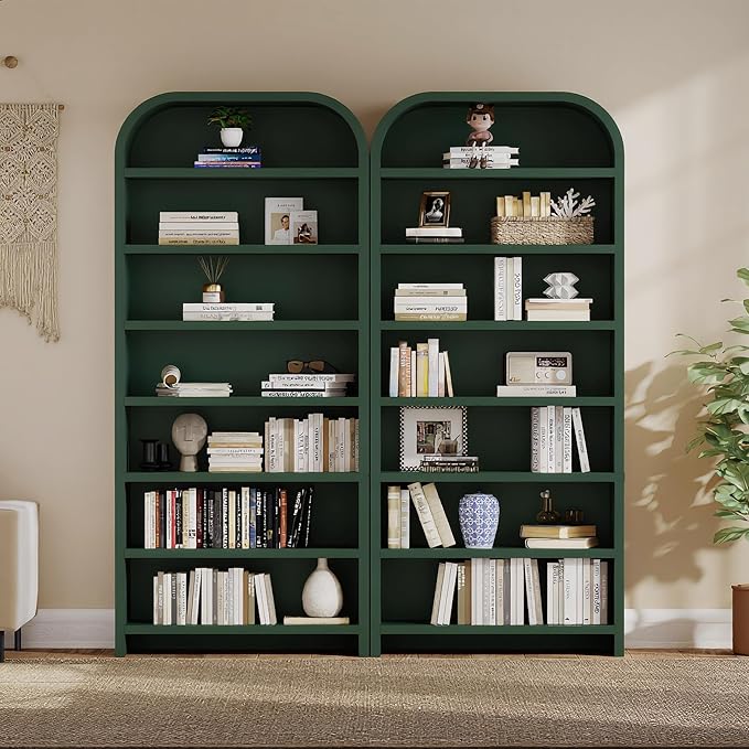 LEVNARY 70" Tall Arched Bookcase, 7-Tier Freestanding Storage Cabinet with Adjustable Shelves, Thick MDF Bookshelf for Bathroom Living Room Bedroom (Green)