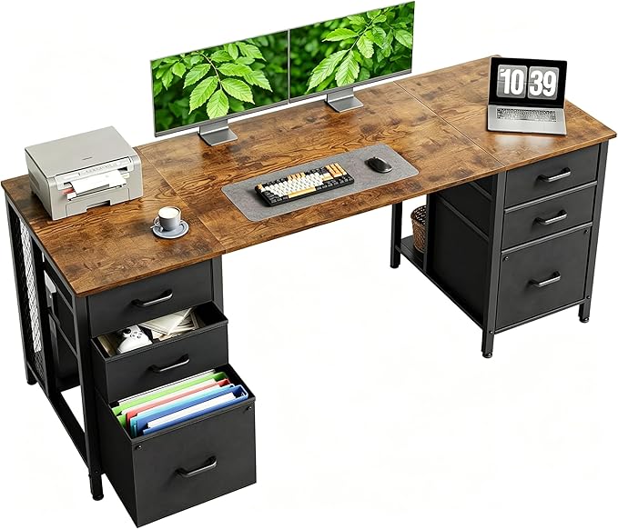 Casaottima 63 Inches Computer Desk with 6 Fabric Drawers, Modern Office Desk with Large Storage for Home Office, Study, Vintage