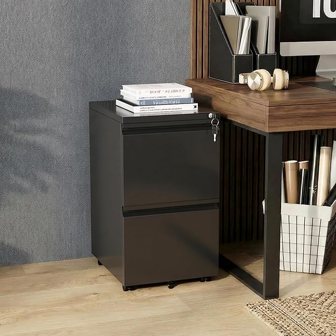 Bonusall 2 Drawer File Cabinet, Metal Rolling File Cabinets with Lock, Filing Cabinets for Home Office Fit A4/Letter/Legal, Easy Assembled, Black