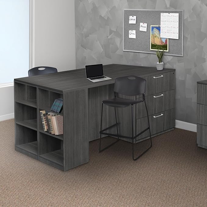 Regency Legacy Stand Up 2 Lateral File/ 2 Desk Quad with Bookcase End- Ash Grey