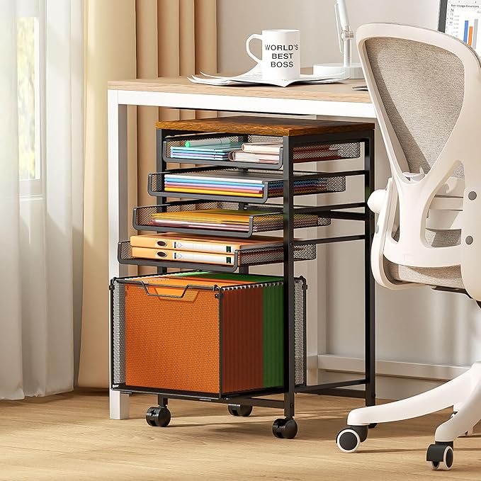 Feyejade Rolling File Cart 5-Tier, Under Desk Storage with Drawers, Filing Cabinet for Letter-Size File Storage, Sliding Metal Mesh Trays for Binder Storage, Office Storage & Organization for Teachers