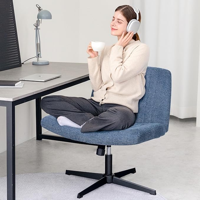 Orange Factory Criss Cross Chair No Wheel Wide Cross Legged Office Desk Vanity Chair Comfy Fabric Armless Adjustable Swivel for Home Computer Task (Blue No Wheel, Classic Fabric)