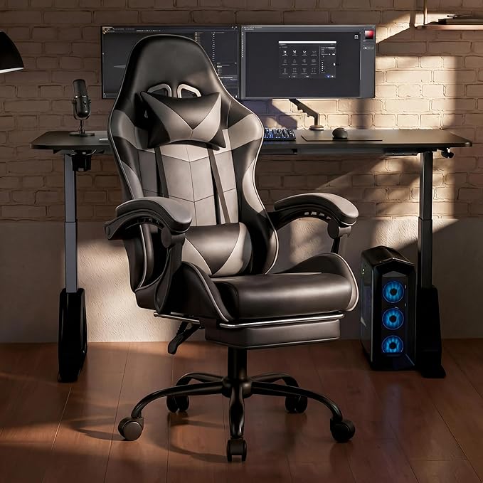Gaming Chair, Ergonomic Computer Chair with 90°-150° Reclining Backrest & Footrest, Headrest & Lumbar Support, 363° Swivel Height Adjustable Desk Chair, High Back for Adults