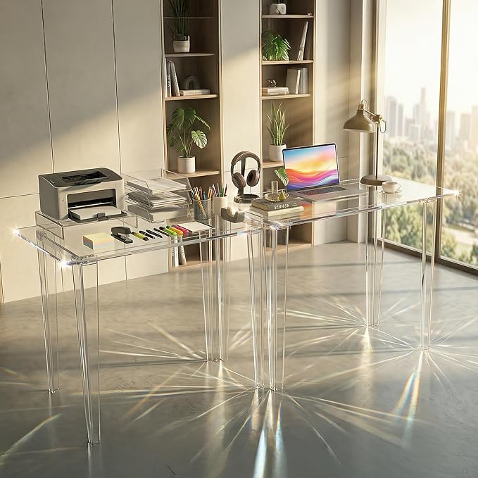Acrylic Desk - Clear Acrylic Table, Modern Home Office Study Table, Extended Surface Multi-Purpose Console, Sturdy Lightweight Workstation for Small Spaces (Transparent-L)